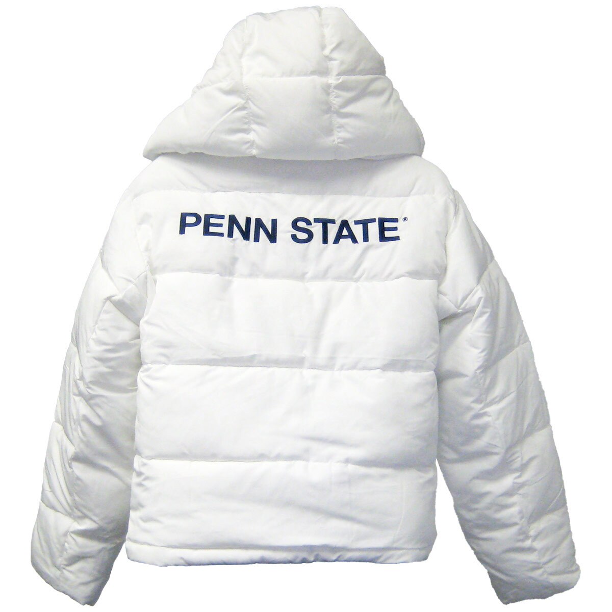 back view of women's white puffer jacket with embroidered Penn State